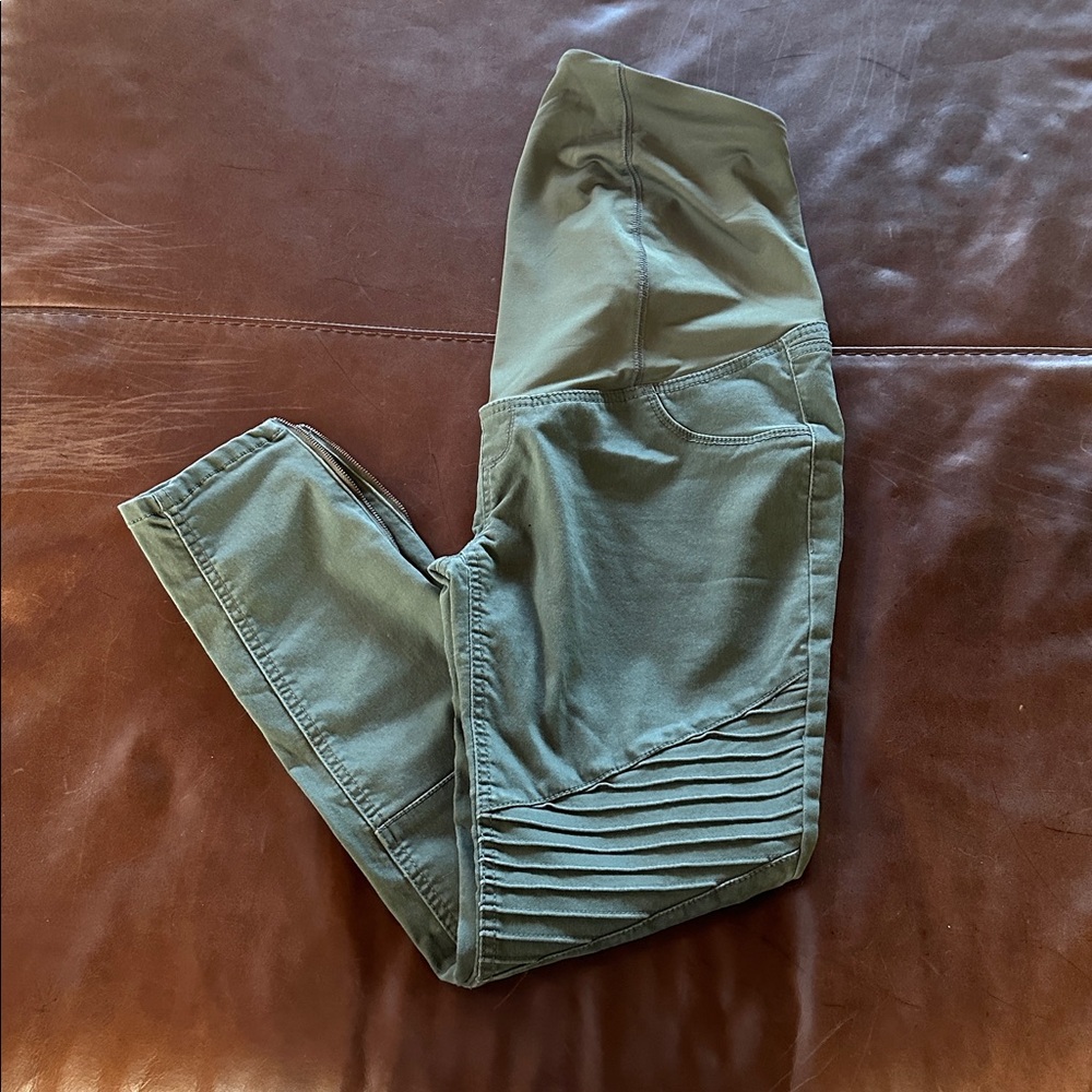 Olive Green maternity Pants with Ribbed Detail and zip ankle